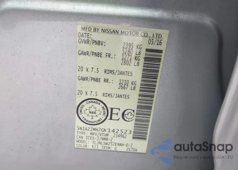 2016 Nissan Murano Platinum/S/Sl/Sv из США, поврежденный, VIN 5N1AZ2MH7GN142523